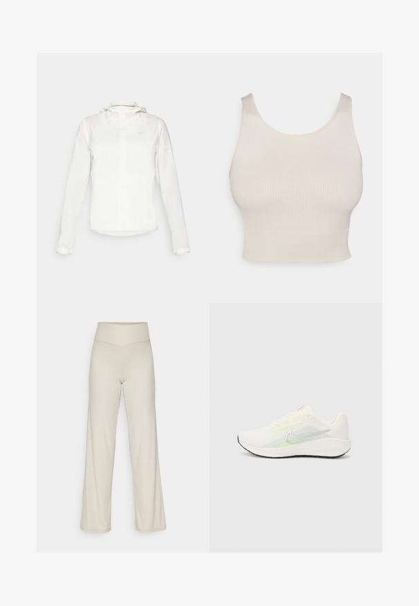 White Nike jacket with a hood, full zip, elastic cuffs, and a subtle logo on the chest. Smooth texture and lightweight design.; Beige ribbed crop top with wide straps, a round neckline, and a fitted waist. The texture is smooth, with a stretchy, lightweight fabric.; Beige wide-leg pants with a ribbed texture, high waistband, and a straight cut. Features a subtle split at the hem.; Nike Performance DOWNSHIFTER 13 - Road running shoes - sail/silver-coloured photon dust/summit white/barely volt/black