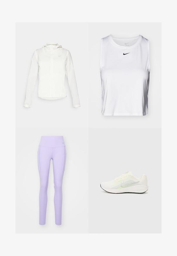 Casaco branco da Nike com capuz, fecho completo, punhos elásticos e um logótipo subtil no peito. Textura suave e design leve.; Top atlético branco sem mangas, feito de tecido suave, com decote redondo e um pequeno logotipo preto da Nike no peito.; Nike Performance UNIVERSA - Leggings - lilac bloom; Nike Performance DOWNSHIFTER 13 - Sapatos para corrida em estrada - sail/silver-coloured photon dust/summit white/barely volt/black