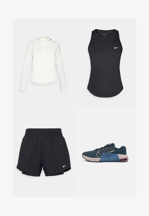 Balta Nike striukė su gobtuvu, pilnu užtrauktuku, elastingomis rankovėmis ir subtiliu logotipu ant krūtinės. Sklandi tekstūra ir lengvas dizainas.; Juodas sportinis marškinėlis, pagamintas iš drėgmę šalinančios medžiagos. Turi apvalų iškirpimą, liesą prigludimą ir baltą "Nike" logotipą ant krūtinės.; Juodi sportiniai šortai su susiūtu elastingu juosmeniu, vidiniu pamušalu ir baltu „Nike“ logotipu apatiniame kairiajame kampe. Lygus, lengvas audinys.; Nike Performance METCON 9 - Avalynė treniruotėms - armory navy/platinum violet/plum dust/aegean storm