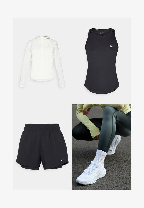 White Nike jacket with a hood, full zip, elastic cuffs, and a subtle logo on the chest. Smooth texture and lightweight design.; Black athletic tank top made from moisture-wicking material. Features a round neckline, slim fit, and white Nike logo on the chest.; Black athletic shorts with a gathered elastic waistband, inner lining, and white Nike logo on the lower left side. Smooth, lightweight fabric.; White athletic shoes with mesh upper, flat laces, and cushioned sole, paired with dark green leggings and a light yellow long-sleeve top.
