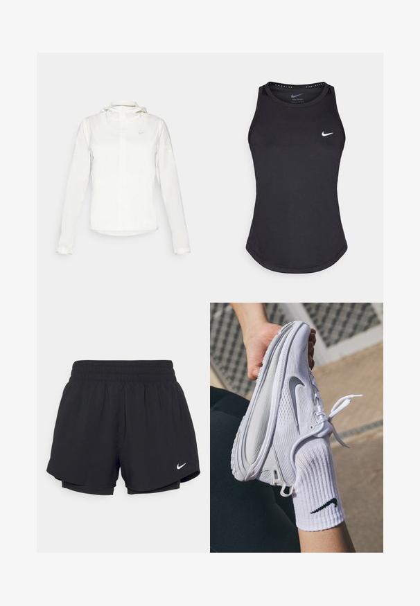 Veste blanche Nike avec capuche, fermeture éclair intégrale, poignets élastiques et un logo discret sur la poitrine. Texture lisse et design léger.; Débardeur de sport noir en matériau anti-humidité. Il présente un col rond, une coupe slim et un logo Nike blanc sur la poitrine.; Shorts de sport noirs avec un waistband élastique froncé, doublure intérieure et logo Nike blanc sur le bas à gauche. Tissu lisse et léger.; Chaussure de sport blanche avec un design texturé et un logo Nike gris, tenue au-dessus d'une chaussette blanche. La chaussure présente une semelle flexible et des lacets.