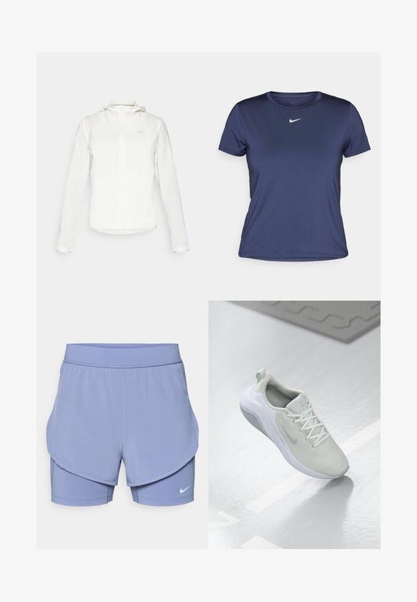 Weiße Nike-Jacke mit Kapuze, durchgehendem Reißverschluss, elastischen Bündchen und einem dezenten Logo auf der Brust. Glatte Textur und leichtes Design.; Dunkelblaue kurzärmelige Sport-T-Shirt aus glattem, leichtem Stoff, mit einem kleinen weißen Nike-Logo auf der Brust.; Nike-Shorts in helllila mit einem Schichtdesign, das ein eng anliegendes Innenfutter und eine lockere Passform außen umfasst. Elastischer Bund für zusätzlichen Komfort.; Hellgrauer Sportschuh mit einem Obermaterial aus Netzgewebe, kreisförmigem Muster, weißen Akzenten, flachen Schnürsenkeln und einer strukturierten Sohle für besseren Halt.