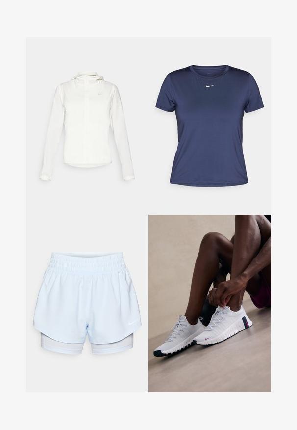 Bijela Nike jakna s kapuljačom, punim zatvaračem, elastičnim manžetama i suptilnim logotipom na prsima. Glatka textura i lagan dizajn.; Tamno plavi kratki rukav sportski majica od glatkog, laganog materijala, s malim bijelim Nike logom na prsima.; Svijetloplave atletske kratke hlače s elastičnom gumicom u struku; vanjski sloj je kratko krojen, dok je unutarnji sloj uklapajući i napravljen od prozračnog materijala.; Bijele atletske tenisice s teksturiranim površinama, ružičastim detaljima i crnim đonovima. Imaju dizajn s vezanjem i amortizirajući đon za udobnost.
