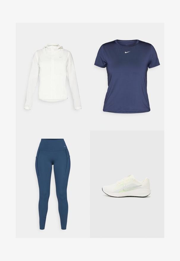 Fehér Nike dzseki kapucnival, teljes cipzárral, rugalmas mandzsettákkal és egy diszkrét logóval a mellkason. Sima textúrájú és könnyű kialakítású.; Sötétkék, rövid ujjú sportpóló sima, könnyű anyagból, kicsi fehér Nike logóval a mellkason.; Nike Performance UNIVERSA - Leggingek - armory navy/black; Nike Performance DOWNSHIFTER 13 - Utcai futócipők - sail/silver-coloured photon dust/summit white/barely volt/black