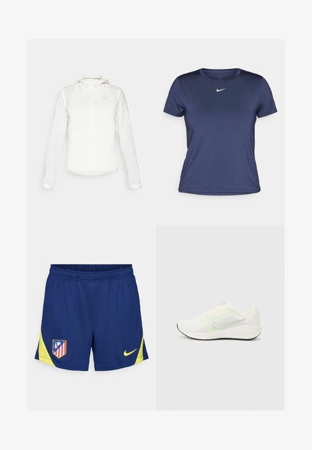 Hvit Nike-jakke med hette, hel glidelås, elastiske mansjetter og en diskret logo på brystet. Glatt tekstur og lett design.; Mørkeblå kortermet trenings T-skjorte laget av glatt, lett stoff, med en liten hvit Nike-logo på brystet.; Marineblå treningsshorts med gule detaljer, med elastisk livlinje og sideinnsatser. Brodert klubbmerke på venstre lår.; Nike Performance DOWNSHIFTER 13 - Løpesko for vei - sail/silver-coloured photon dust/summit white/barely volt/black