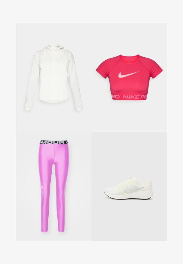 White Nike jacket with a hood, full zip, elastic cuffs, and a subtle logo on the chest. Smooth texture and lightweight design.; Pink Nike Pro athletic crop top with a round neckline, short sleeves, and contrasting white logo and branded band along the bottom.; Pink athletic leggings with a glossy finish, featuring a black waistband with the logo printed in white on the lower left leg.; Nike Performance DOWNSHIFTER 13 - Road running shoes - sail/silver-coloured photon dust/summit white/barely volt/black