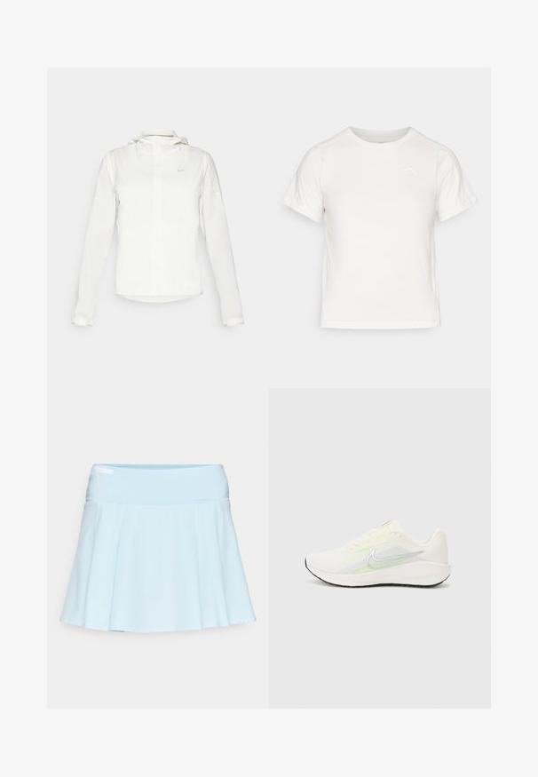 Fehér Nike dzseki kapucnival, teljes cipzárral, rugalmas mandzsettákkal és egy diszkrét logóval a mellkason. Sima textúrájú és könnyű kialakítású.; Könnyű fehér póló rövid ujjakkal, kerek nyakkal és egy apró logóval a bal felső sarkában. Simasága és enyhe fényessége van.; Világoskék sport szoknya, fodros dizájnnal, rugalmas derékkal és sima szövettextúrával. Diszkrét, beépített zseb található az oldalon.; Nike Performance DOWNSHIFTER 13 - Utcai futócipők - sail/silver-coloured photon dust/summit white/barely volt/black