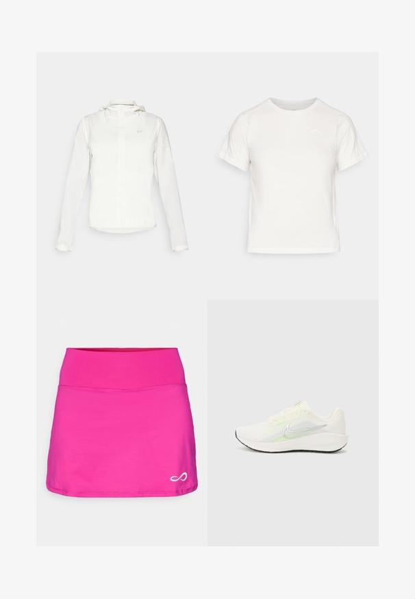 Hvit Nike-jakke med hette, hel glidelås, elastiske mansjetter og en diskret logo på brystet. Glatt tekstur og lett design.; Lett, hvit T-skjorte med korte ermer, rund hals, og en liten logo i øvre venstre hjørne. Glatt stoff med en subtil glans.; Endless FALDA MINIMAL - Sports skirt - deep fucsia; Nike Performance DOWNSHIFTER 13 - Løpesko for vei - sail/silver-coloured photon dust/summit white/barely volt/black