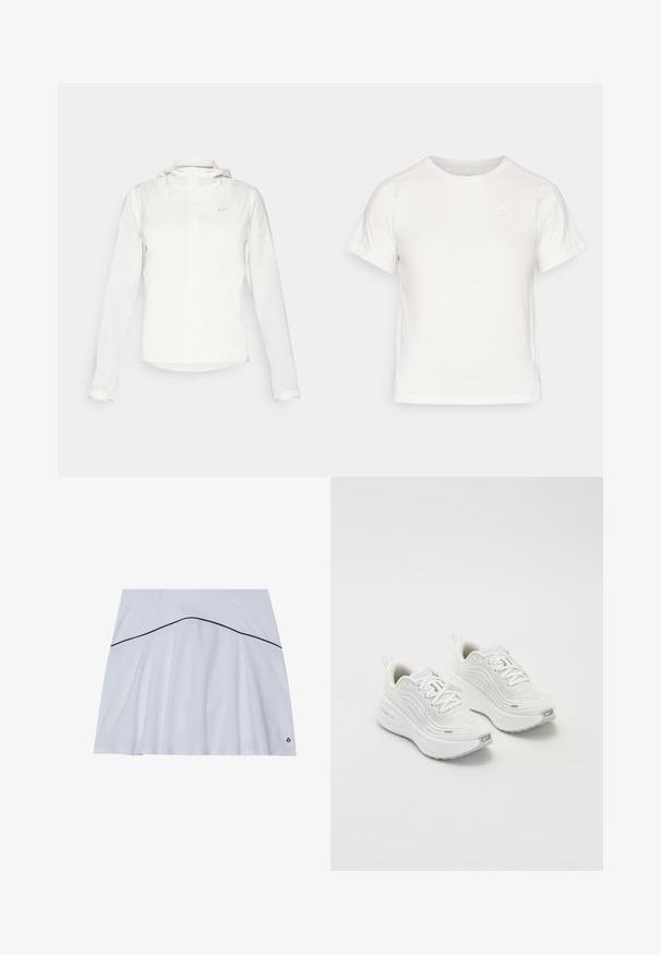 Fehér Nike dzseki kapucnival, teljes cipzárral, rugalmas mandzsettákkal és egy diszkrét logóval a mellkason. Sima textúrájú és könnyű kialakítású.; Könnyű fehér póló rövid ujjakkal, kerek nyakkal és egy apró logóval a bal felső sarkában. Simasága és enyhe fényessége van.; Fehér sport szoknya, fodros szegéllyel, tengerészkék díszcsíkkal a deréknál és egy logóval a jobb alsó sarokban.; Fehér sportcipő, texturált hálós felsőrésszel, párnázott talppal és diszkrét szürke díszítésekkel. Tartalmazza a márkázást és a könnyű felhúzást segítő hurkot a sarokrészen.