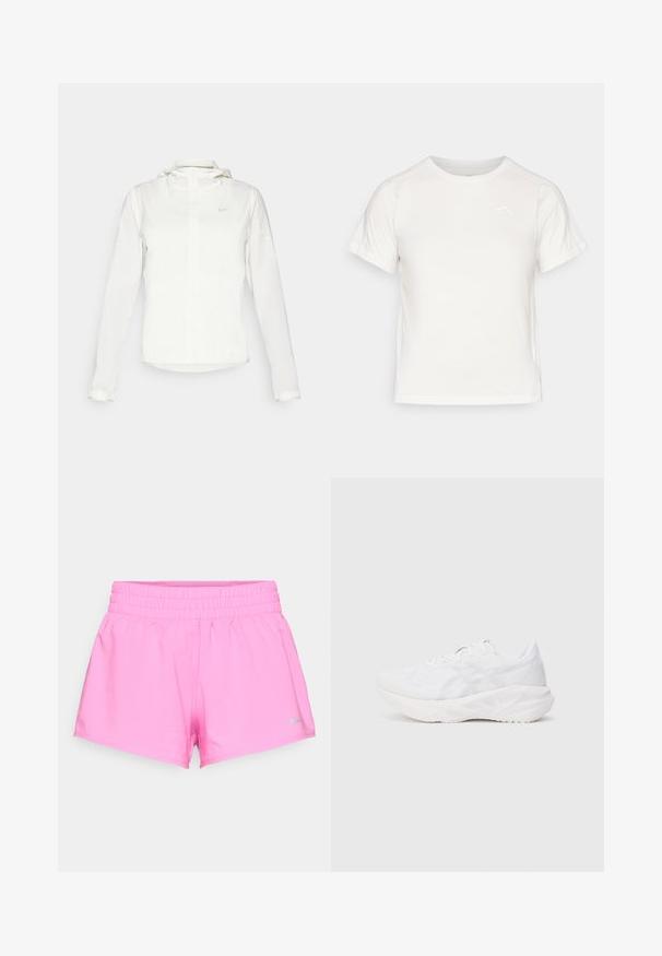 Veste blanche Nike avec capuche, fermeture éclair intégrale, poignets élastiques et un logo discret sur la poitrine. Texture lisse et design léger.; T-shirt léger blanc à manches courtes, col rond et avec un petit logo dans le coin supérieur gauche. Tissu lisse avec un léger éclat.; Shorts de sport rose vif avec taille élastique et petit logo gris Nike en bas à gauche, sur fond blanc.; Baskets blanches avec une tige en mesh respirant et une semelle rembourrée, affichant un motif texturé et des accents de design minimalistes.