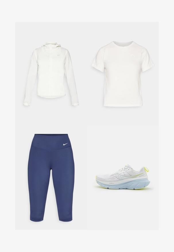 White Nike jacket with a hood, full zip, elastic cuffs, and a subtle logo on the chest. Smooth texture and lightweight design.; Lightweight white T-shirt with short sleeves, round neck, and a small logo in the upper left corner. Smooth fabric with a subtle sheen.; Navy blue capri leggings made of stretch fabric, featuring a wide waistband and a small white logo on the left side. No visible seams.; White running shoe with a mesh upper, featuring light blue accents and a thick sole. Notable yellow details on the sole and heel tab.