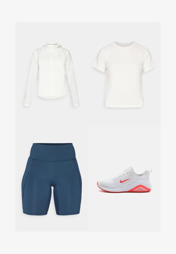 Hvit Nike-jakke med hette, hel glidelås, elastiske mansjetter og en diskret logo på brystet. Glatt tekstur og lett design.; Lett, hvit T-skjorte med korte ermer, rund hals, og en liten logo i øvre venstre hjørne. Glatt stoff med en subtil glans.; Mørkeblå treningsshorts med høy midje, glatt tekstur og flate sømmer. Har en tettsittende design som strekker seg til midten av låret.; Hvite joggesko med en mesh-overdel, røde detaljer på swoosh og såle, og en polstret hæl. Har en teksturert yttersåle for godt grep.