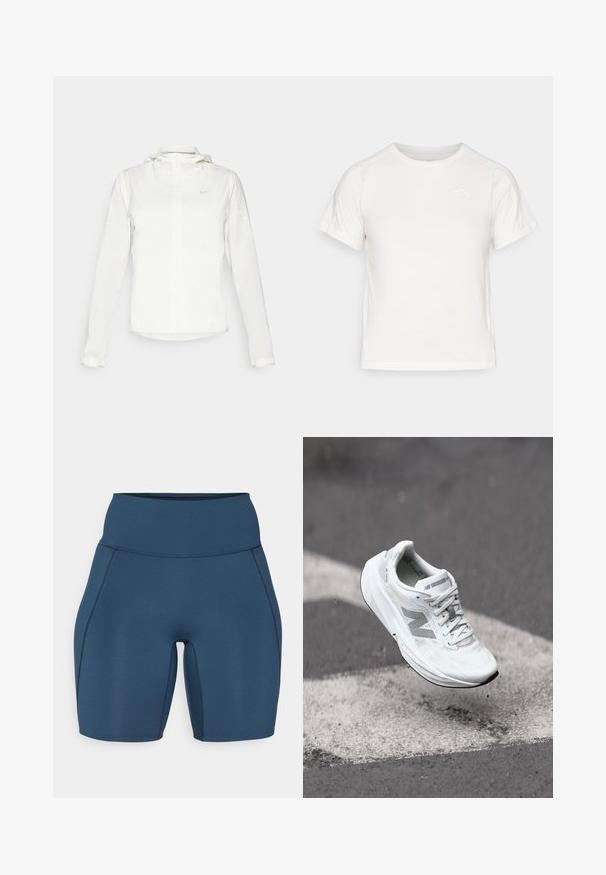 Veste blanche Nike avec capuche, fermeture éclair intégrale, poignets élastiques et un logo discret sur la poitrine. Texture lisse et design léger.; T-shirt léger blanc à manches courtes, col rond et avec un petit logo dans le coin supérieur gauche. Tissu lisse avec un léger éclat.; Shorts de sport bleu foncé avec une taille haute, texture lisse et coutures plates. Présente un design ajusté qui s'étend jusqu'au milieu de la cuisse.; Chaussure de course blanche avec une tige en mesh texturé, accents gris et semelle rembourrée, suspendue dans les airs au-dessus d'un marquage au sol.