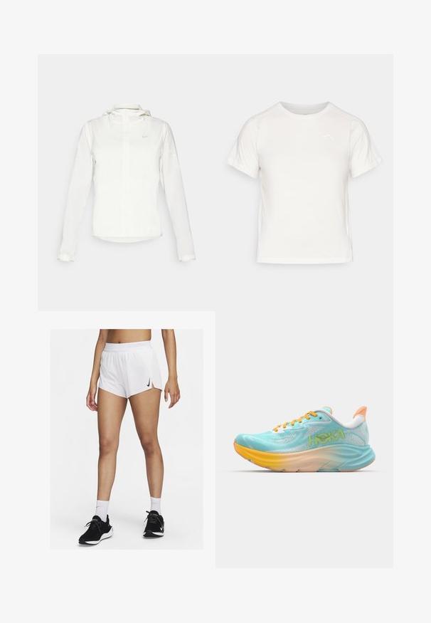Biela Nike bunda s kapucňou, plným zipsom, elastickými manžetami a jemným logom na hrudi. Hladká textúra a ľahký dizajn.; Ľahké biele tričko s krátkymi rukávmi, okrúhlym výstrihom a malým logom v hornom ľavom rohu. Hladká tkanina s miernym leskom.; Biele športové šortky s rebrovaným pásom, bočnými rozparkami a čiernym logom Nike. Nosené s čiernymi teniskami a bielymi podkolienkami.; Svetlomodrá bežecká obuv s textúrovaným sieťovinovým zvrškom, oranžovými akcentmi a viacfarebnou gradientnou podrážkou. Na boku je logo HOKA.