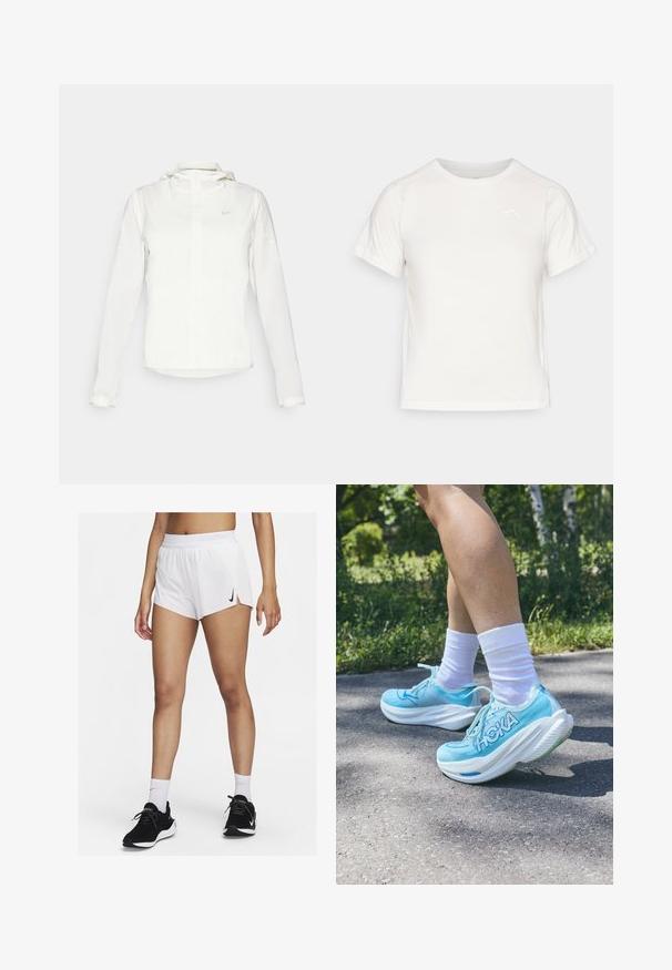 Witte Nike-jack met een capuchon, volledige rits, elastische manchetten en een subtiele logo op de borst. Gladde textuur en lichtgewicht ontwerp.; Lichtgewicht wit T-shirt met korte mouwen, ronde hals en een klein logo in de linkerbovenhoek. Glad stof met een subtiele glans.; Witte sportshorts met een geribbelde tailleband, zijsplitten en een zwarte Nike-logo. Draag ze met zwarte sneakers en witte kousen tot aan de kuit.; Lichtblauwe sportschoenen met een gebreide mesh bovenkant, witte gevoerde zool en een opvallend "HOKA" logo aan de zijkant. Draag comfortabel met witte sokken.