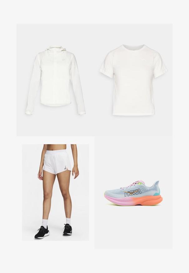 Biała kurtka Nike z kapturem, na zamek błyskawiczny, elastyczne mankiety i subtelne logo na piersi. Gładka tekstura i lekka konstrukcja.; Lekka biała koszulka z krótkim rękawem, okrągłym dekoltem i małym logo w lewym górnym rogu. Gładki materiał o subtelnej połysku.; Białe sportowe szorty z prążkowanym pasem, bocznymi rozporkami i czarnym logo Nike. Noszone z czarnymi trampkami i białymi skarpetami za kostkę.; HOKA MACH 6 jasnoniebieski