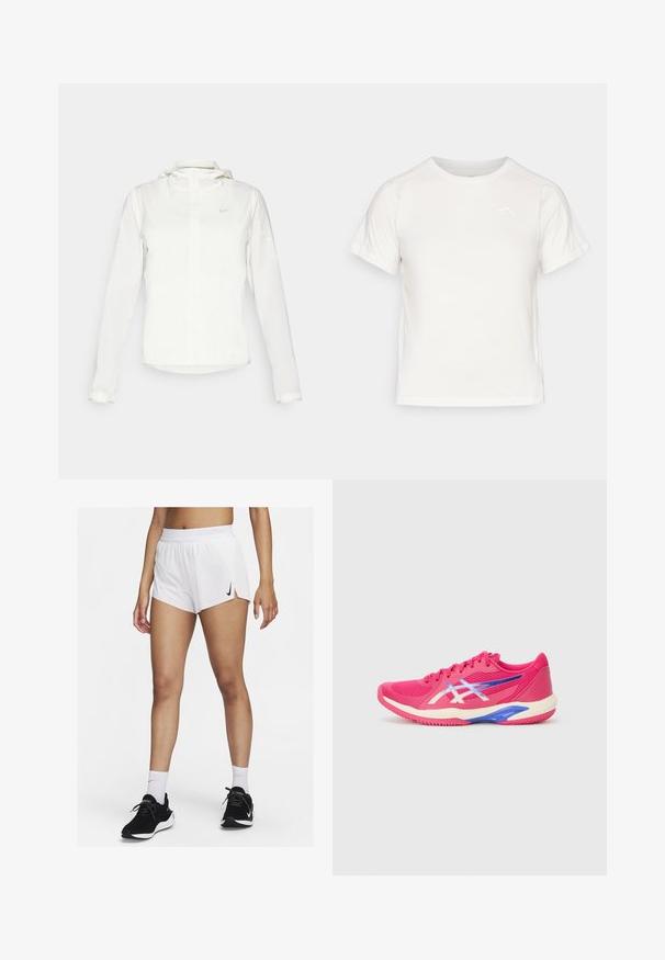 Hvit Nike-jakke med hette, hel glidelås, elastiske mansjetter og en diskret logo på brystet. Glatt tekstur og lett design.; Lett, hvit T-skjorte med korte ermer, rund hals, og en liten logo i øvre venstre hjørne. Glatt stoff med en subtil glans.; Hvite atletisk shorts med ribbet linning, sidespalter og en svart Nike-logo. Brukes med svarte joggesko og hvite ankelsokker.; Sportssko i knallrosa med lysere aksenter. Mesh-overdel, teksturert finish, polstret krage og en fargerik såle med blå detaljer.