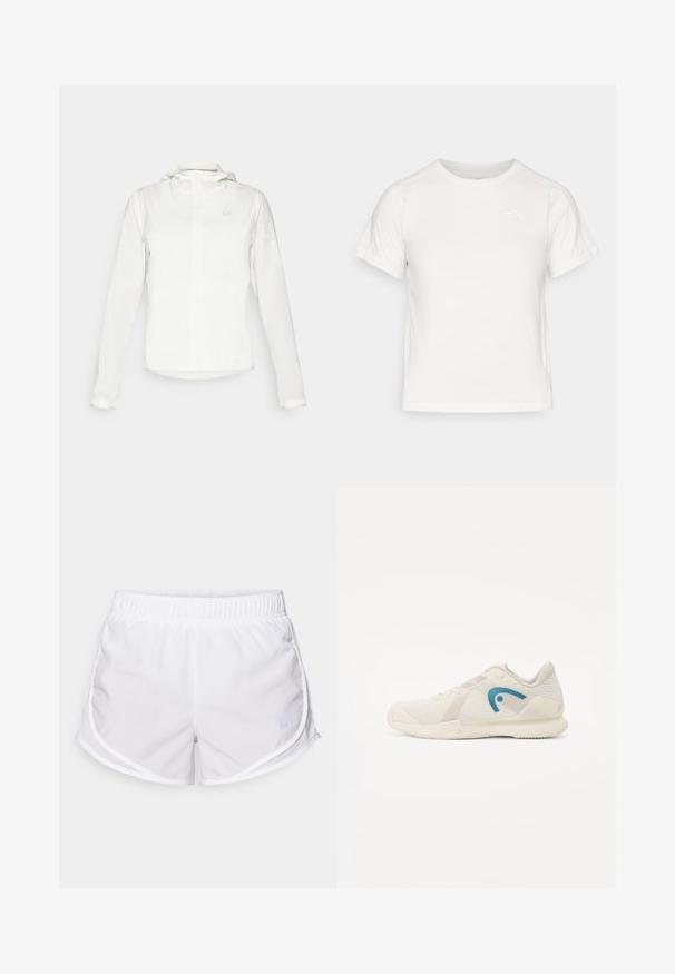 Biela Nike bunda s kapucňou, plným zipsom, elastickými manžetami a jemným logom na hrudi. Hladká textúra a ľahký dizajn.; Ľahké biele tričko s krátkymi rukávmi, okrúhlym výstrihom a malým logom v hornom ľavom rohu. Hladká tkanina s miernym leskom.; Biele športové šortky vyrobené z ľahkej, priedušnej tkaniny. Obsahujú elastický pás a sieťované bočné panely, s malým modrým logom ako akcentom.; Ľahká športová obuv v béžovej farbe s štruktúrovaným sieťovinovým zvrškom, modrým logom ako akcentom a gumovou podrážkou s gripovým vzorom.
