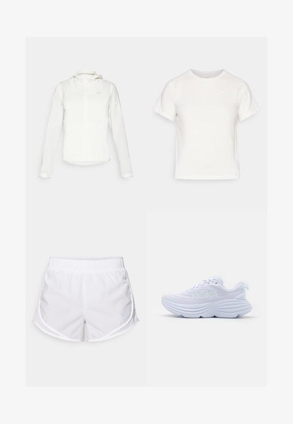 White Nike jacket with a hood, full zip, elastic cuffs, and a subtle logo on the chest. Smooth texture and lightweight design.; Lightweight white T-shirt with short sleeves, round neck, and a small logo in the upper left corner. Smooth fabric with a subtle sheen.; White athletic shorts made of lightweight, breathable fabric. Features an elastic waistband and mesh side panels, with a small blue logo accent.; White running shoe with a textured upper, prominent HOKA logo, thick, cushioned sole featuring wavy lines and a pull tab at the heel.