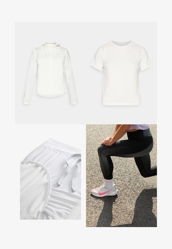 Balta Nike jaka ar kapuci, pilna rāvējslēdzēja, elastīgām piedurknēm un diskrētu logotipu uz krūšu daļas. Gluda tekstūra un viegla konstrukcija.; Viegls balts T-krekls ar īsām piedurknēm, apaļu kaklu un mazu logo augšējā kreisajā stūrī. Gluda auduma faktūra ar maigu spīdumu.; Balti sporta šorti ar teksturētu jostasvietu, salocītu sānu detaļām un izlīdzenu auklu. Mīksts audums ar gludu apdari.; Nike Performance PEGASUS PLUS - Apavi skriešanai pa asfaltu - barely grey/hot punch/white/black