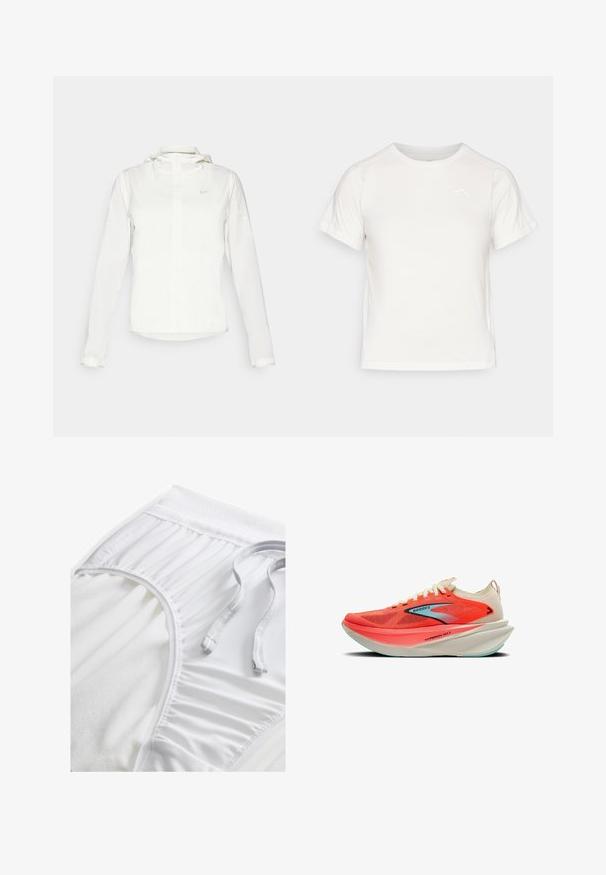 Hvid Nike-jakke med hætte, fuld lynlås, elastiske manchetter og et diskret logo på brystet. Glat tekstur og let design.; Let T-shirt i let hvidt med korte ærmer, rund hals og et lille logo i øverste venstre hjørne. Glat stof med en subtil glans.; Hvide atletiske shorts med en tekstureret talje, sammensnørede sideløsninger og en flad snoretræk. Blødt stof med en glat overflade.; Brooks Hyperion Max løbesko i lys koral og creme, med en åndbar mesh-overdel, bred mellemsål og lyseblå såle-accenter.
