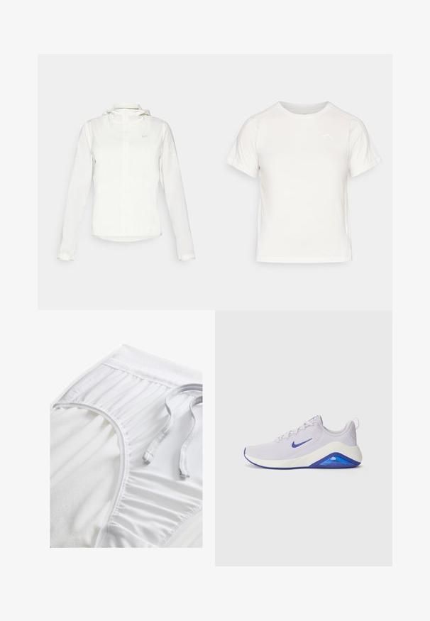 Biała kurtka Nike z kapturem, na zamek błyskawiczny, elastyczne mankiety i subtelne logo na piersi. Gładka tekstura i lekka konstrukcja.; Lekka biała koszulka z krótkim rękawem, okrągłym dekoltem i małym logo w lewym górnym rogu. Gładki materiał o subtelnej połysku.; Białe sportowe szorty z teksturowanym pasem, detalami z boku i płaskim sznurkiem do regulacji. Miękka tkanina o gładkim wykończeniu.; Jasnofioletowy but sportowy z oddychającą siateczką, białą podeszwą środkową oraz niebieskim akcentem na pięcie i podeszwie. Posiada sznurowadła i logo.