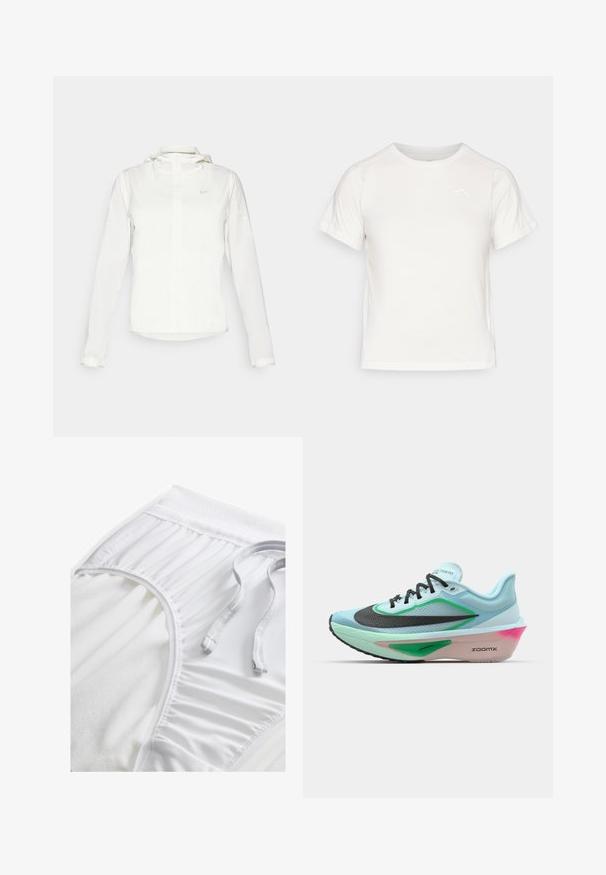 Veste blanche Nike avec capuche, fermeture éclair intégrale, poignets élastiques et un logo discret sur la poitrine. Texture lisse et design léger.; T-shirt léger blanc à manches courtes, col rond et avec un petit logo dans le coin supérieur gauche. Tissu lisse avec un léger éclat.; Shorts de sport blancs avec une taille texturée, des détails froncés sur les côtés et un cordon plat. Tissu doux avec une finition lisse.; Bottines de course bleu clair avec une tige en mesh noir texturé, des accents verts, une semelle intermédiaire teintée de rose et une semelle extérieure en caoutchouc. Comprend des lacets et des éléments de marque.