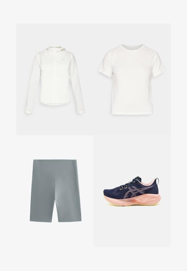 Weiße Nike-Jacke mit Kapuze, durchgehendem Reißverschluss, elastischen Bündchen und einem dezenten Logo auf der Brust. Glatte Textur und leichtes Design.; Leichtes weißes T-Shirt mit kurzen Ärmeln, Rundhalsausschnitt und einem kleinen Logo in der oberen linken Ecke. Glatte Stoffoberfläche mit leichtem Glanz.; Helle graue Sportshorts aus glattem, dehnbarem Material, mit hohem Bund und einer figurschmeichelnden Passform sowie einfachen Nähdetails.; Marineblaue Laufschuhe mit einem Obermaterial aus Mesh, pinken Akzenten und grüner Außensohle. Verfügt über eine markant geformte Sohle und ein schnürbares Design.