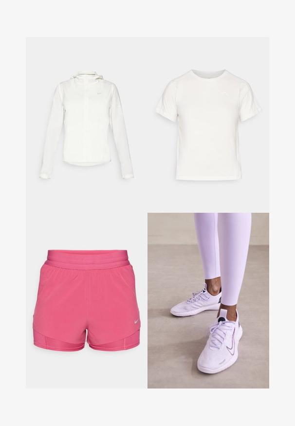 White Nike jacket with a hood, full zip, elastic cuffs, and a subtle logo on the chest. Smooth texture and lightweight design.; Lightweight white T-shirt with short sleeves, round neck, and a small logo in the upper left corner. Smooth fabric with a subtle sheen.; Pink athletic shorts with a smooth texture, elastic waistband, and layered design. Features a reflective Nike logo on the lower left.; Nike Performance FREE RN FK NATURE - Road running shoes - lilac bloom/black/barely grape/vivid purple
