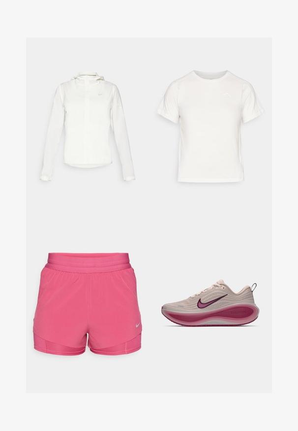 White Nike jacket with a hood, full zip, elastic cuffs, and a subtle logo on the chest. Smooth texture and lightweight design.; Lightweight white T-shirt with short sleeves, round neck, and a small logo in the upper left corner. Smooth fabric with a subtle sheen.; Pink athletic shorts with a smooth texture, elastic waistband, and layered design. Features a reflective Nike logo on the lower left.; Nike ZoomX running shoe in light beige with textured upper, curved pink midsole, and purple accents on the logo and outsole.