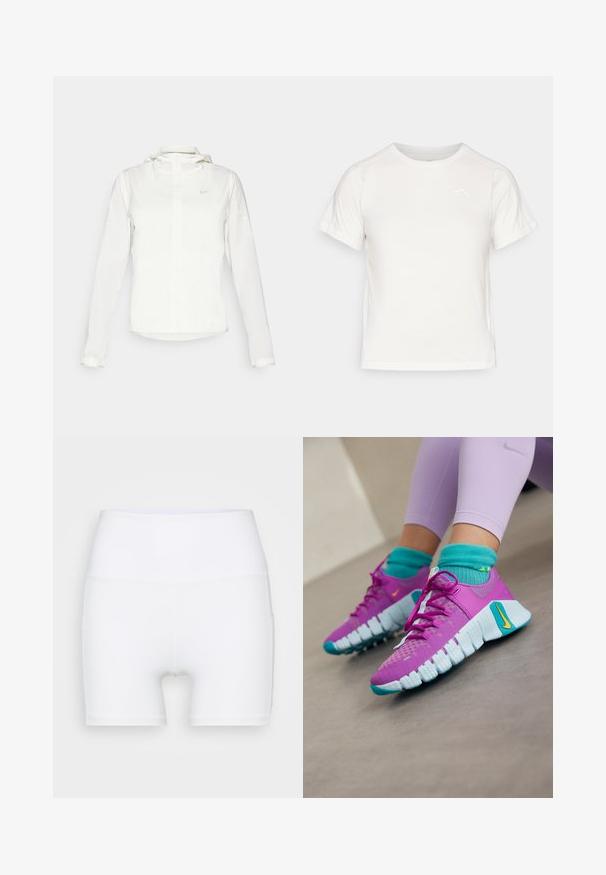 Biała kurtka Nike z kapturem, na zamek błyskawiczny, elastyczne mankiety i subtelne logo na piersi. Gładka tekstura i lekka konstrukcja.; Lekka biała koszulka z krótkim rękawem, okrągłym dekoltem i małym logo w lewym górnym rogu. Gładki materiał o subtelnej połysku.; Białe szorty z wysokim stanem wykonane z elastycznej tkaniny. Charakteryzują się gładką teksturą i dopasowanym krojem, bez dodatkowych wzorów czy elementów metalowych.; Nike Performance - Buty treningowe