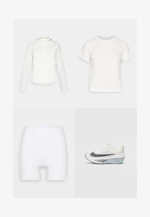 Veste blanche Nike avec capuche, fermeture éclair intégrale, poignets élastiques et un logo discret sur la poitrine. Texture lisse et design léger.; T-shirt léger blanc à manches courtes, col rond et avec un petit logo dans le coin supérieur gauche. Tissu lisse avec un léger éclat.; Shorts blancs taille haute en tissu extensible. Fabriqués avec une texture lisse et un design ajusté, sans motifs ni accessoires supplémentaires.; Chaussure de course blanche avec une tige en mesh respirant, des accents bleus et un design de semelle intermédiaire distinct avec un système de coussinage visible.