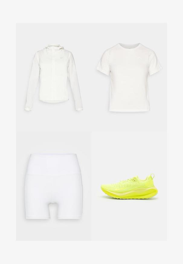 Weiße Nike-Jacke mit Kapuze, durchgehendem Reißverschluss, elastischen Bündchen und einem dezenten Logo auf der Brust. Glatte Textur und leichtes Design.; Leichtes weißes T-Shirt mit kurzen Ärmeln, Rundhalsausschnitt und einem kleinen Logo in der oberen linken Ecke. Glatte Stoffoberfläche mit leichtem Glanz.; Weiße, hochtaillierte Shorts aus dehnbarem Stoff. Sie verfügen über eine glatte Textur und eine figurbetonte Passform, ohne zusätzliche Muster oder Hardware.; Neon-gelbe Laufschuhe mit einem strukturierten Mesh-Obermaterial, einer gepolsterten Sohle und einer Schlaufe an der Ferse für müheloses Anziehen.