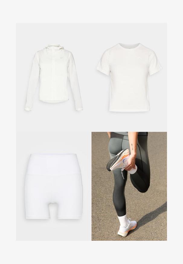 Witte Nike-jack met een capuchon, volledige rits, elastische manchetten en een subtiele logo op de borst. Gladde textuur en lichtgewicht ontwerp.; Lichtgewicht wit T-shirt met korte mouwen, ronde hals en een klein logo in de linkerbovenhoek. Glad stof met een subtiele glans.; Witte hoge taille shorts van rekbare stof. Kenmerken een gladde textuur en een aansluitend ontwerp, zonder extra patronen of hardware.; Nike Performance AIR ZOOM PEGASUS 41 - Hardloopschoenen voor op de weg - multi-coloured