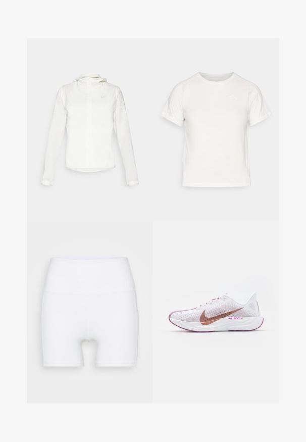 Balta Nike jaka ar kapuci, pilna rāvējslēdzēja, elastīgām piedurknēm un diskrētu logotipu uz krūšu daļas. Gluda tekstūra un viegla konstrukcija.; Viegls balts T-krekls ar īsām piedurknēm, apaļu kaklu un mazu logo augšējā kreisajā stūrī. Gluda auduma faktūra ar maigu spīdumu.; Baltā krāsā augsto jostasvietu šorti, izgatavoti no elastīga auduma. Raksturīga gluda virsma un pieguļoša piegriezuma forma, bez papildu rakstiem vai detaļām.; Nike Performance PEGASUS PLUS - Apavi skriešanai pa asfaltu - white/metallic red bronze/platinum violet/plum dust/hot fuchsia