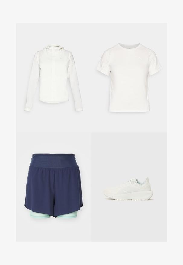 Witte Nike-jack met een capuchon, volledige rits, elastische manchetten en een subtiele logo op de borst. Gladde textuur en lichtgewicht ontwerp.; Lichtgewicht wit T-shirt met korte mouwen, ronde hals en een klein logo in de linkerbovenhoek. Glad stof met een subtiele glans.; HOKA SKYGLIDE - 2-in-1 short - outer space; Witte sportschoenen met een gestructureerde bovenkant, gevoerde kraag en vetersluiting. Voorzien van een gebogen buitenzool en subtiele branding aan de zijkant.