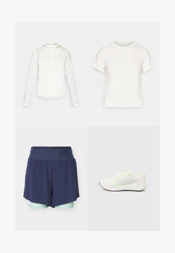 Balta Nike jaka ar kapuci, pilna rāvējslēdzēja, elastīgām piedurknēm un diskrētu logotipu uz krūšu daļas. Gluda tekstūra un viegla konstrukcija.; Viegls balts T-krekls ar īsām piedurknēm, apaļu kaklu un mazu logo augšējā kreisajā stūrī. Gluda auduma faktūra ar maigu spīdumu.; HOKA SKYGLIDE - Šorti “divi vienā” - outer space; Nike Performance DOWNSHIFTER 13 - Apavi skriešanai pa asfaltu - sail/silver-coloured photon dust/summit white/barely volt/black