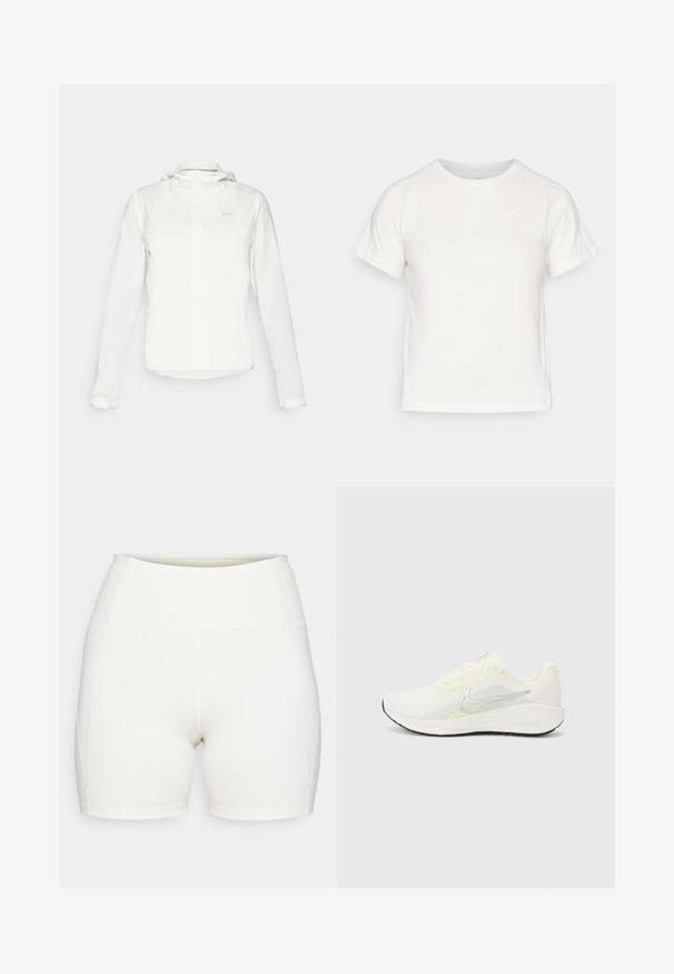 Bílá bunda Nike s kapucí, plným zipem, elastickými manžetami a decentním logem na hrudi. Hladká textura a lehký design.; Lehká bílá tričko s krátkými rukávy, kulatým výstřihem a malým logem v levém horním rohu. Hladká tkanina s jemným leskem.; Bílé šortky s vysokým pasem vyrobené z pružné tkaniny. Mají elastický pas a švy panelů, což zajišťuje upnutý siluetu.; Nike Performance DOWNSHIFTER 13 - Silniční běžecké boty - sail/silver-coloured photon dust/summit white/barely volt/black