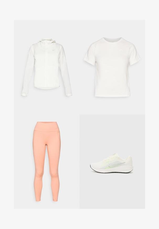 Chaqueta blanca de Nike con capucha, cremallera completa, puños elásticos y un logo sutil en el pecho. Textura suave y diseño ligero.; Camiseta blanca ligera con mangas cortas, cuello redondo y un pequeño logo en la esquina superior izquierda. Tejido suave con un sutil brillo.; Leggings de color durazno elaborados con material elástico, que presentan una cinturilla alta, una textura suave y un diseño sin costuras sin bolsillos visibles.; Nike Performance DOWNSHIFTER 13 - Zapatillas running asfalto - sail/silver-coloured photon dust/summit white/barely volt/black