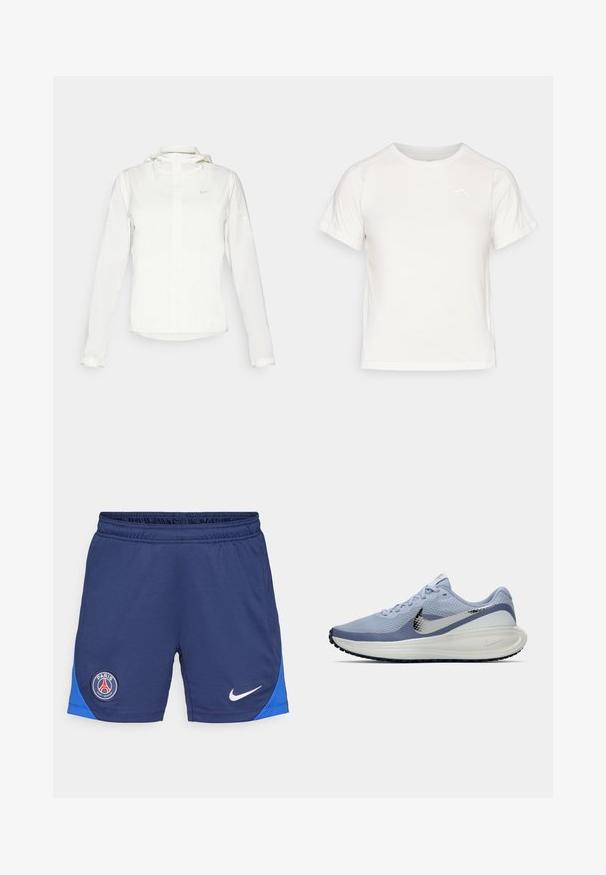Chaqueta blanca de Nike con capucha, cremallera completa, puños elásticos y un logo sutil en el pecho. Textura suave y diseño ligero.; Camiseta blanca ligera con mangas cortas, cuello redondo y un pequeño logo en la esquina superior izquierda. Tejido suave con un sutil brillo.; Pantalones cortos deportivos azul marino con una cinturilla elástica, panel lateral en azul, logo de Nike en blanco y un logo redondo del PSG en el muslo izquierdo.; Zapatilla de correr Nike en azul claro y blanco con swoosh plateado, parte superior de malla transpirable, suela acolchada y suela exterior negra.