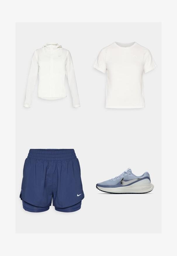 Jachetă albă Nike cu glugă, fermoar pe toată lungimea, manșete elastice și un logo subtil pe piept. Textură netedă și design ușor.; Tricou alb ușor, cu mâneci scurte, guler rotund și un logo mic în colțul din stânga sus. Material neted cu un luciu subtil.; Pantaloni scurți sport de două straturi, de culoare bleumarin, cu talie elastică și logo-ul alb Nike swoosh pe partea din dreapta din față.; Adidași de alergare Nike în nuanțe de albastru deschis și alb, cu swoosh argintiu, suprafață din plasă respirabilă, talpă căptușită și tread negru pe talpă.
