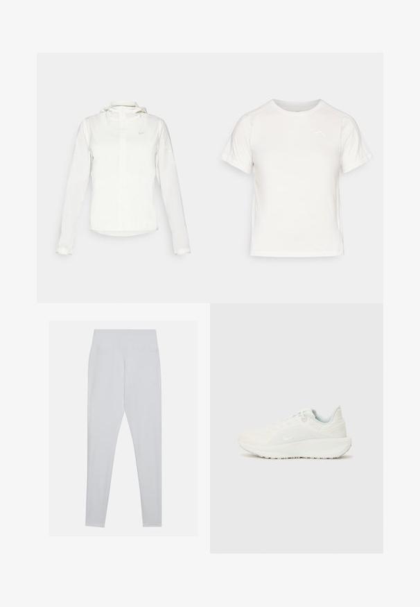 Chaqueta blanca de Nike con capucha, cremallera completa, puños elásticos y un logo sutil en el pecho. Textura suave y diseño ligero.; Camiseta blanca ligera con mangas cortas, cuello redondo y un pequeño logo en la esquina superior izquierda. Tejido suave con un sutil brillo.; Leggings blancos hechos de material elástico, con una cinturilla alta, textura suave y sin costuras ni adornos visibles.; Zapatillas deportivas blancas con un upper texturizado, cuello acolchado y cierre de cordones. Presentan una suela curva y un sutil logotipo en el lateral.