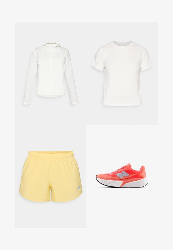 Balta Nike jaka ar kapuci, pilna rāvējslēdzēja, elastīgām piedurknēm un diskrētu logotipu uz krūšu daļas. Gluda tekstūra un viegla konstrukcija.; Viegls balts T-krekls ar īsām piedurknēm, apaļu kaklu un mazu logo augšējā kreisajā stūrī. Gluda auduma faktūra ar maigu spīdumu.; Dzelteni sporta šorti ar elastīgu jostasvietu un mazu pelēku logotipu apakšējā labajā stūrī. Gluda auduma, viegli un īsa griezuma dizains.; Viegls skriešanas apavi spilgti korallegā ar acu audumu un sudraba logo. Ievērojama teksturēta balta viduspēda un melna gumijas zole.