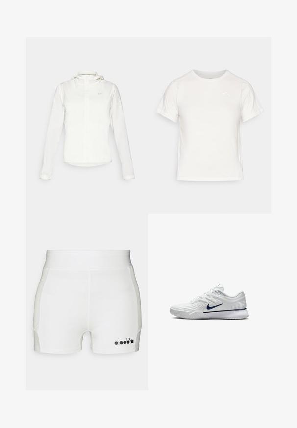 Veste blanche Nike avec capuche, fermeture éclair intégrale, poignets élastiques et un logo discret sur la poitrine. Texture lisse et design léger.; T-shirt léger blanc à manches courtes, col rond et avec un petit logo dans le coin supérieur gauche. Tissu lisse avec un léger éclat.; Shorts de sport blancs au design ajusté, fabriqués en tissu lisse, avec un détail de logo noir sur le côté inférieur gauche.; Baskets de sport blanches avec une tige en maille texturée, des accents bleu marine et une semelle rembourrée avec un grip à motifs. Lacets intégrés au design.
