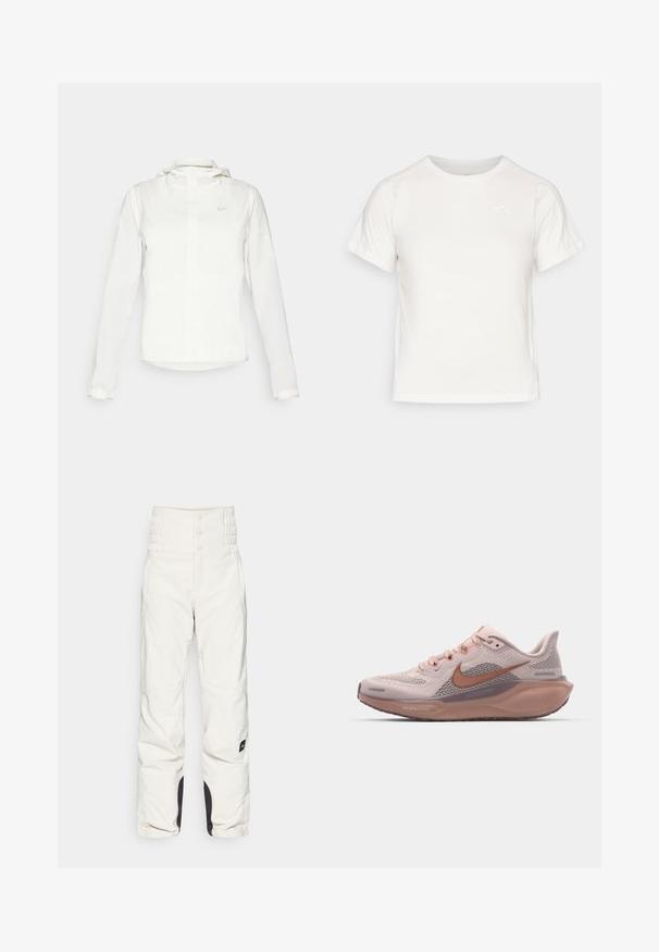 Giacca Nike bianca con cappuccio, zip completa, polsini elasticizzati e un logo discreto sul petto. Texture liscia e design leggero.; T-shirt bianca leggera con maniche corte, collo rotondo e un piccolo logo nell'angolo in alto a sinistra. Tessuto morbido con una leggera lucentezza.; Pantaloni da neve bianchi con una vita alta e arricciata, due tasche frontali e dettagli neri agli orli. Realizzati in un materiale liscio e resistente alle intemperie.; Scarpa sportiva rosa chiaro con tomaia in rete, dettagli marroni e suola texturizzata. Presenta lacci e un tallone imbottito per il comfort.