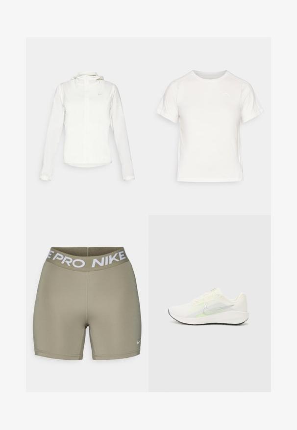 Bílá bunda Nike s kapucí, plným zipem, elastickými manžetami a decentním logem na hrudi. Hladká textura a lehký design.; Lehká bílá tričko s krátkými rukávy, kulatým výstřihem a malým logem v levém horním rohu. Hladká tkanina s jemným leskem.; Olivově zelené sportovní šortky s hustým bílým elastickým pásem, na kterém je nápis "NIKE PRO". Hladká, elastická látka s detaily švů.; Nike Performance DOWNSHIFTER 13 - Silniční běžecké boty - sail/silver-coloured photon dust/summit white/barely volt/black