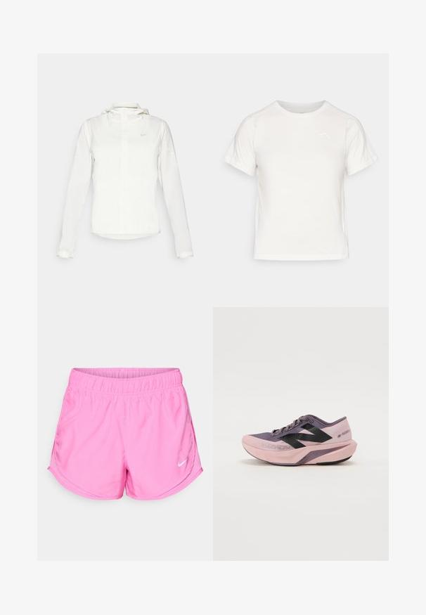 Chaqueta blanca de Nike con capucha, cremallera completa, puños elásticos y un logo sutil en el pecho. Textura suave y diseño ligero.; Camiseta blanca ligera con mangas cortas, cuello redondo y un pequeño logo en la esquina superior izquierda. Tejido suave con un sutil brillo.; Pantalones cortos deportivos rosas hechos de tela ligera, con una cinturilla elástica y un logo de Nike blanco en el lado izquierdo inferior.; Zapatilla de running ligera con un diseño de degradado en rosa y morado. Cuenta con una parte superior de malla transpirable, acentos en negro y suela acolchada.