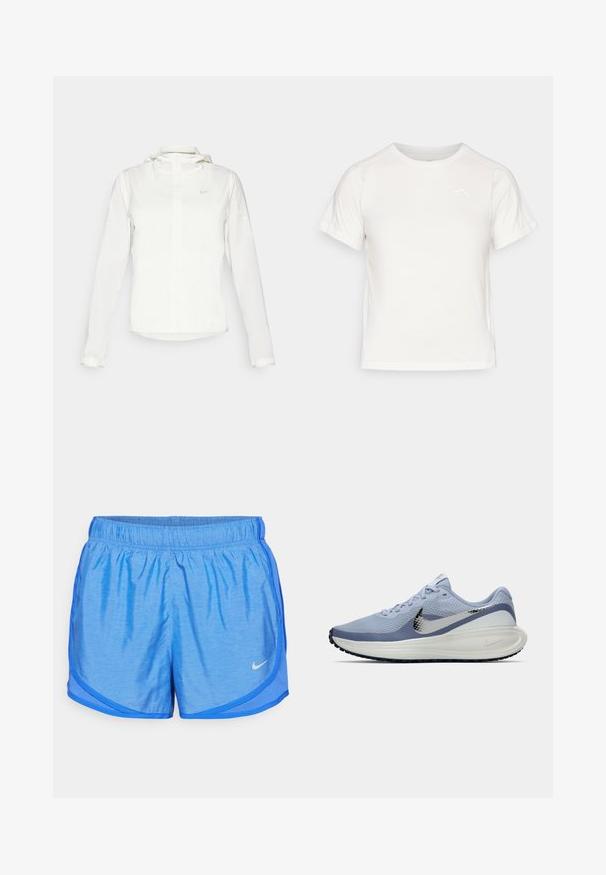 Valge Nike jakker, millel on kapuuts, täispikk tõmblukk, elastsed mansetid ja diskreetne logo rinnal. Sile tekstuur ja kerge disain.; Kerge valge T-särk lühikeste varrukatega, ümmarguse kaelusega ja väikese logoga vasakus ülanurgas. Sile kangas, millel on õrn läige.; Sinised spordilühikesed püksid elastse vöökohtaga, kerge kangaga, kaarjasäärtega ja kontrastsete külje paneelidega. Nike logo alumisel vasakul.; Heledadsinine ja valge Nike jooksutoss, millel on hõbedane swoosh, hingav võrkmaterjal, pehmendatud tallad ja must välispind.
