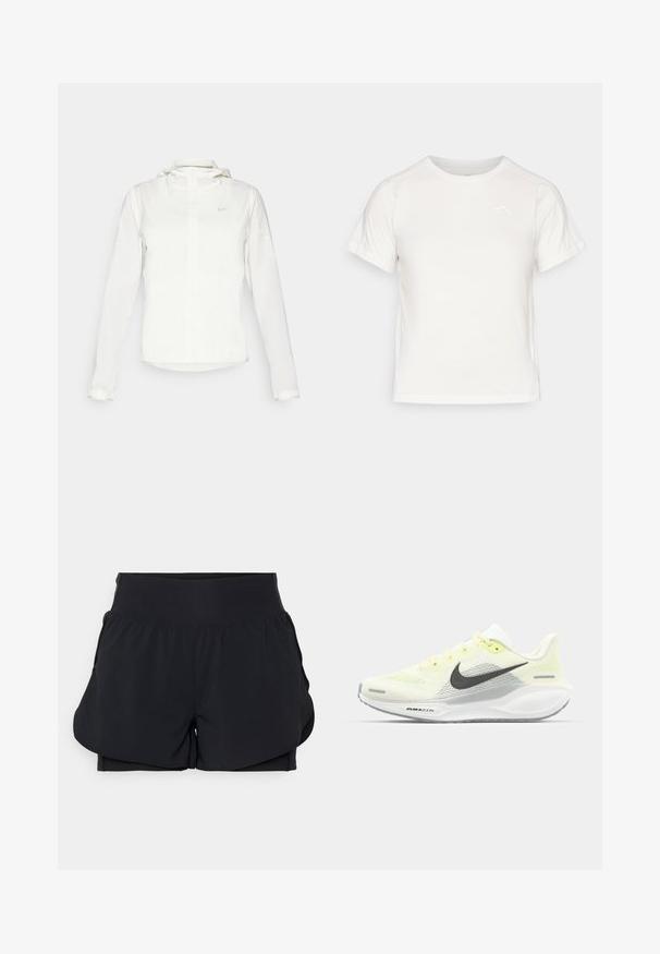 Chaqueta blanca de Nike con capucha, cremallera completa, puños elásticos y un logo sutil en el pecho. Textura suave y diseño ligero.; Camiseta blanca ligera con mangas cortas, cuello redondo y un pequeño logo en la esquina superior izquierda. Tejido suave con un sutil brillo.; Bermudas deportivas negras con un diseño en capas, una cintura ancha y un forro interior. Están hechas de un material suave y elástico.; Zapatillas de correr Nike con una parte superior de malla en amarillo claro y blanco, detalles en gris y una suela de goma flexible. Cuenta con un cierre de cordones.