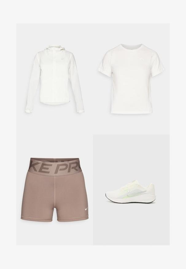 Weiße Nike-Jacke mit Kapuze, durchgehendem Reißverschluss, elastischen Bündchen und einem dezenten Logo auf der Brust. Glatte Textur und leichtes Design.; Leichtes weißes T-Shirt mit kurzen Ärmeln, Rundhalsausschnitt und einem kleinen Logo in der oberen linken Ecke. Glatte Stoffoberfläche mit leichtem Glanz.; Hellbraune Nike Pro Shorts mit einem breiten Taillenbund, der mit dunkelblauen "NIKE PRO" Buchstaben verziert ist. Hergestellt aus dehnbarem, glattem Material, mit einem kleinen Logoakzent.; Nike Performance DOWNSHIFTER 13 - Laufschuh Straße - sail/silver-coloured photon dust/summit white/barely volt/black